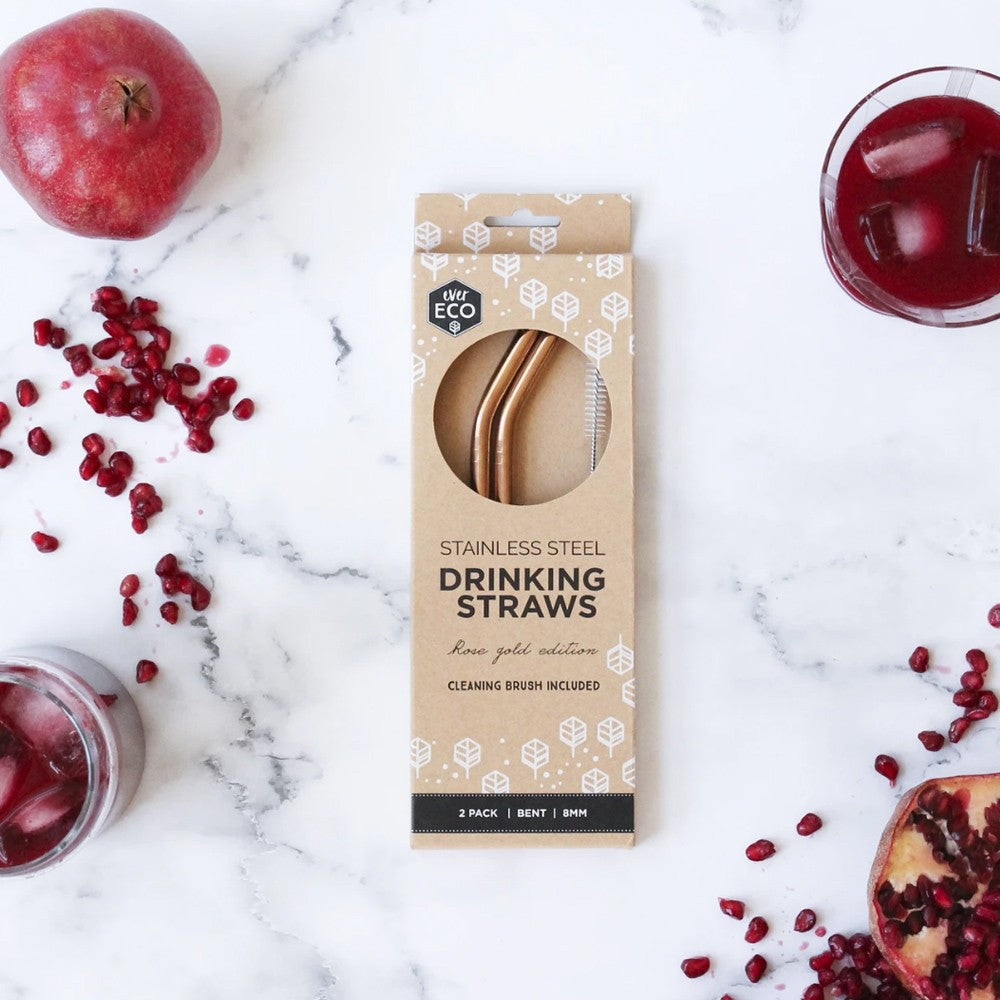 Ever Eco Stainless Steel Rose Gold Straws - 2pk curved with cleaner image 0