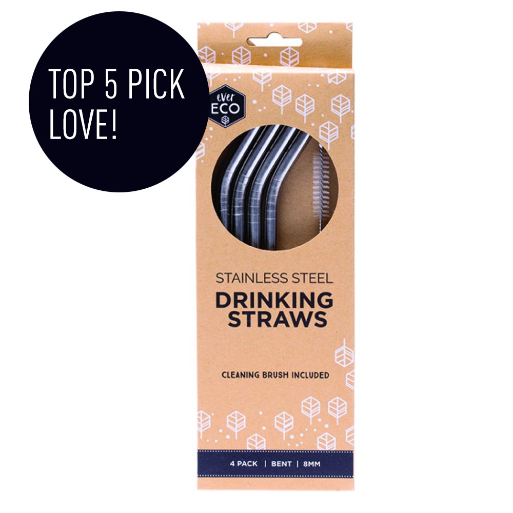 Ever Eco Stainless Steel Straws - 4pk curved with cleaner image 0