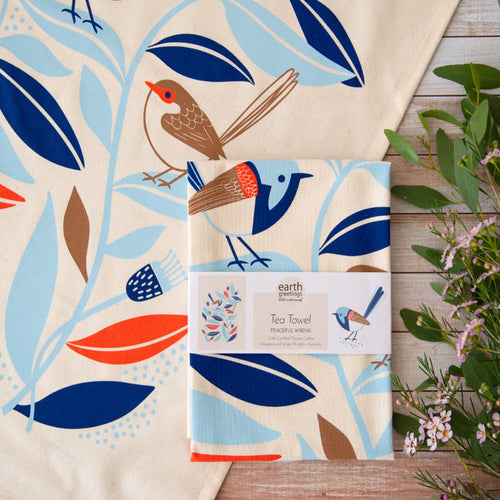 Certified Organic Cotton Tea Towel - Peaceful Wrens image 0